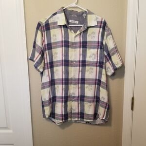 Tommy Bahama Mens Double Flora Camp Shirt L Plaid Palm  Tree Print Island